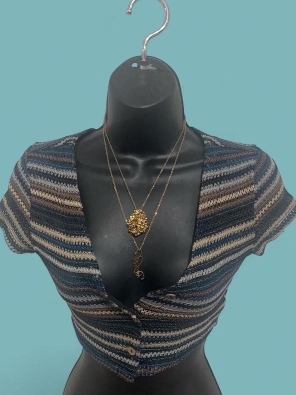 Striped Knit Crop Top in Navy and Beige - Women's Short Sleeve